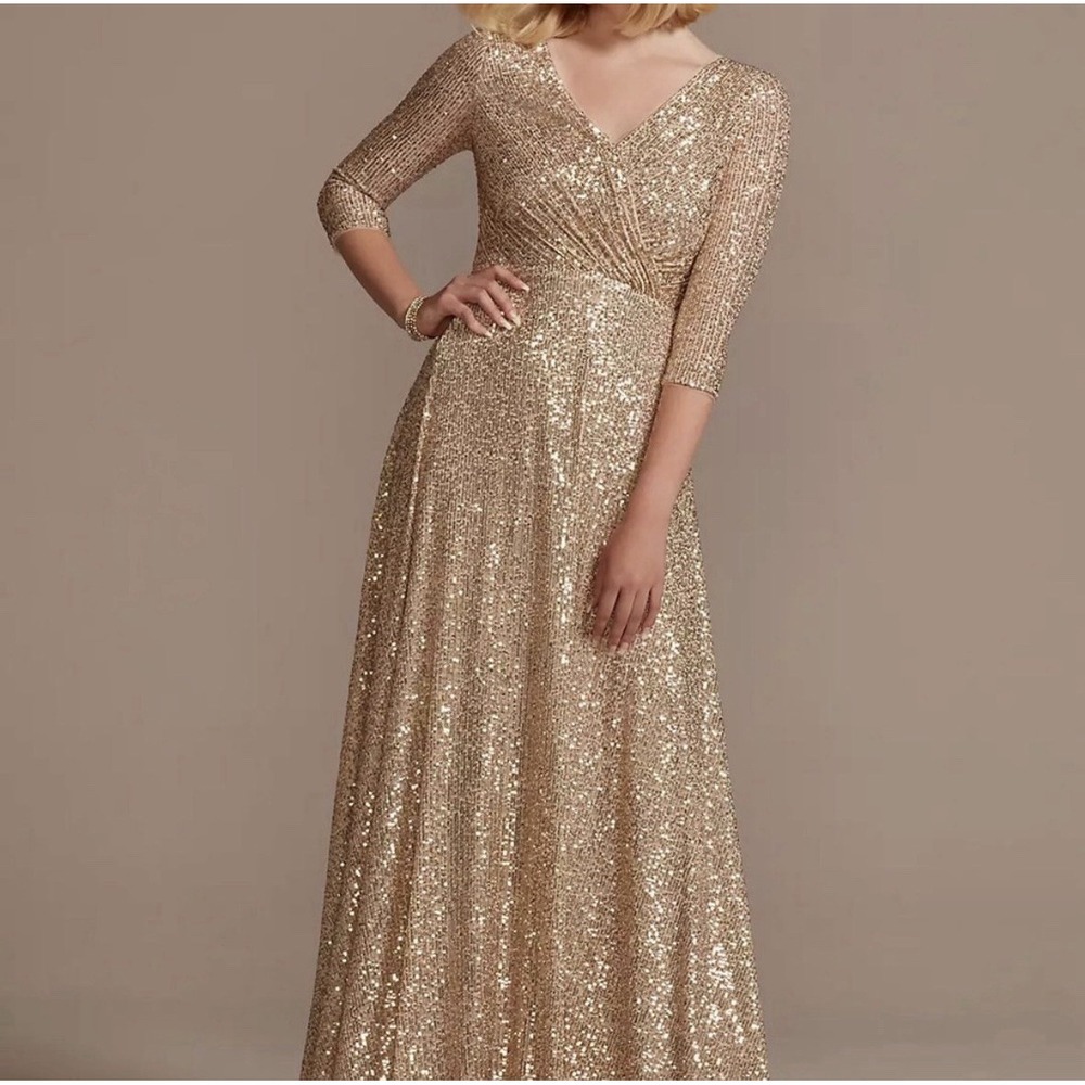 Oleg Cassini Women Gold Sequin Maxi Dress Gown Mother Of Bride Sz 16W